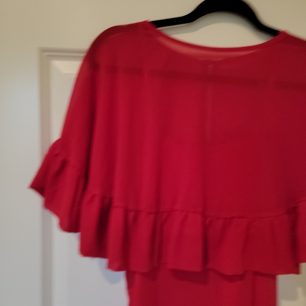 Cosmina Womens Red Ruffle Tiered Maxi Dress Size L Sheer Overlay New - Picture 2 of 11